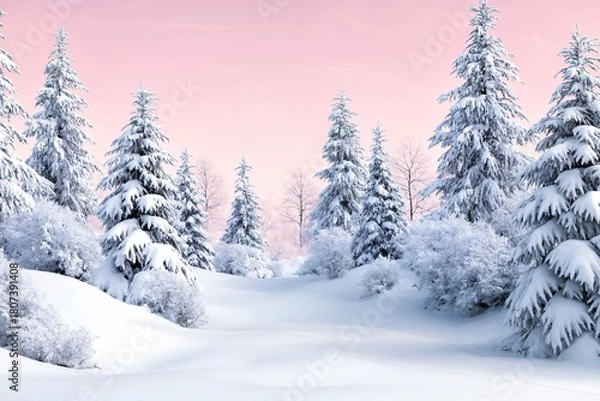 Fototapeta Winter snow forest landscape with pink sky and seasonal background