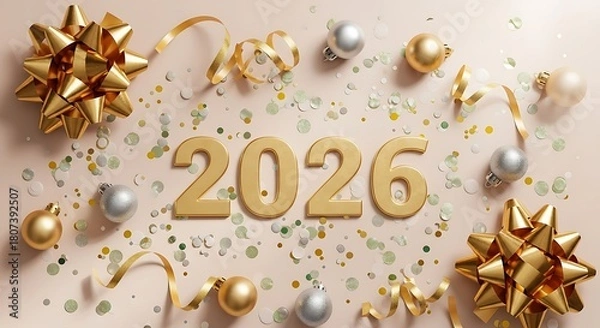 Obraz Celebrate the arrival of 2026 with a festive backdrop featuring golden bows, shiny ornaments, and shimmering confetti