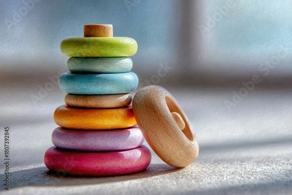 Fototapeta Colorful wooden stacking rings toy playroom photography soft light