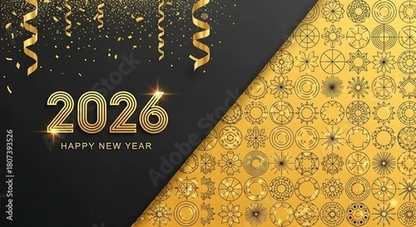 Obraz 2026 Happy New Year Greeting Card With Glittering Confetti And Golden Ornaments