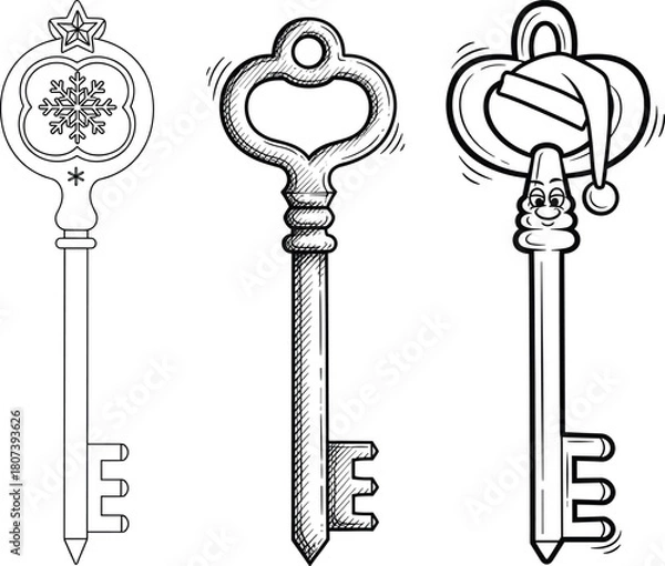 Obraz Vector Set of Vintage Skeleton Keys, Outline, Engraving Style, and Christmas Magic Key Illustration