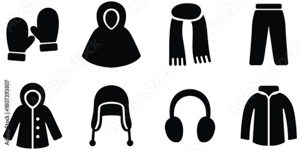 Obraz Winter clothing silhouette icon set, Cold weather apparel vector collection, Warm accessories winter garment pack