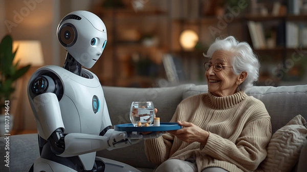 Obraz ai caregiver assisting senior with daily tasks in warm living room setting humanoid robot serving drink and medication to elderly person in home environment()
