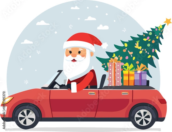 Fototapeta Santa Claus Driving Modern Convertible Car with Christmas Presents Vector