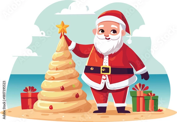 Fototapeta Santa Claus on a Tropical Beach Building a Sand Christmas Tree