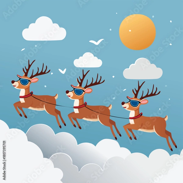 Fototapeta Christmas Reindeer Fly with Cool Sunglasses - Flat Vector Holiday Scene