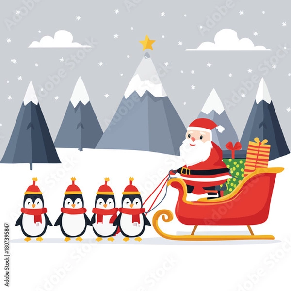 Fototapeta Cheerful Penguins Pulling Sleigh in Snowy Winter Wonderland