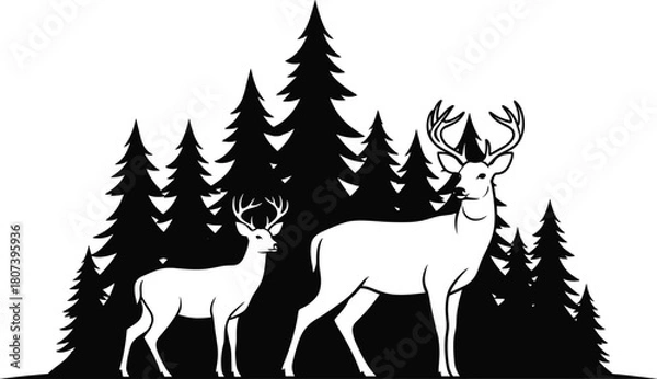Obraz Deer silhouettes, forest background, black vector, wildlife scene, nature design, minimal style, graphic set, woodland animals, outdoor icon