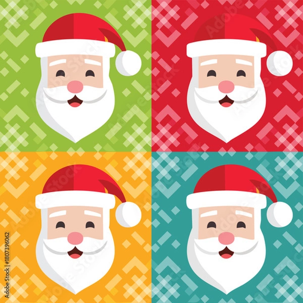 Fototapeta Pop Art Christmas Seamless Pattern with Flat Vector Santa Claus Faces