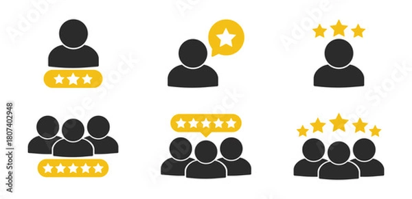 Fototapeta Five-star rating and review icon set with client feedback, quality, service, and positive symbols on transparent background