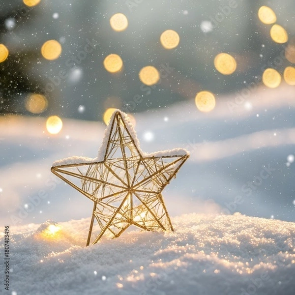 Obraz Golden Christmas Star in Snow Magical Bokeh Winter Lights