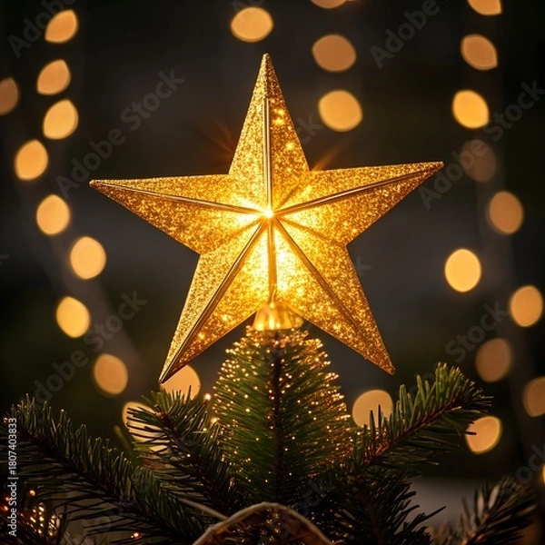 Obraz Christmas Tree Star Topper Golden Sparkling Lights