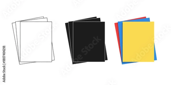 Obraz Three stacks of paper in different styles outline, silhouette, and colored, offering versatile visual representations on transparent background