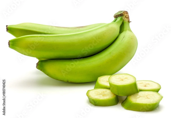 Fototapeta One plantain cluster and slices isolated on white background.