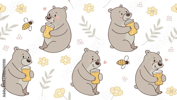 Obraz Watercolor seamless pattern, watercolor bears and honey jars, white background