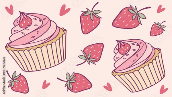 Fototapeta Watercolor seamless pattern, watercolor cupcakes and strawberries, pink background