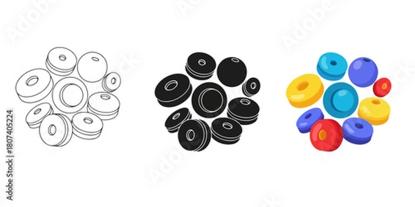 Fototapeta Three styles vector set line art, silhouette and color version illustration of colorful beads, showcasing a variety of shapes and sizes for creative jewelry making projects