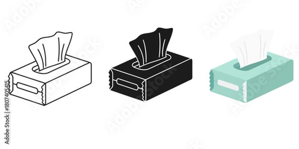 Fototapeta Tissue Box In Three styles vector set line art, silhouette and color version, depicting a common household item for hygiene and cleaning purposes
