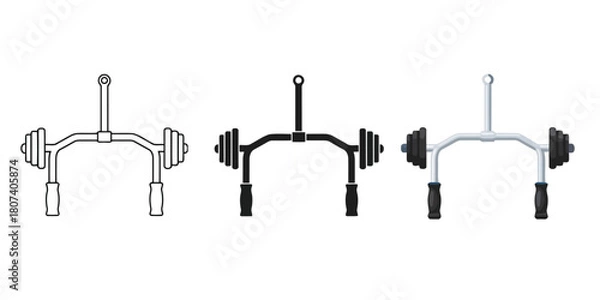 Obraz  Lat Pulldown Bar, Three styles vector set line art, silhouette and color version,