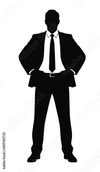 Fototapeta Silhouette of a confident businessman standing with hands on hips isolated on white background