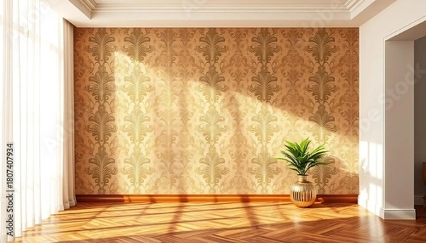 Fototapeta Elegant damask pattern on textured wallpaper in a sunlit room,  texture,  beige