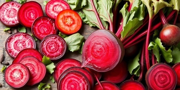 Obraz Vibrant beetroot slices, whole roots, and leafy greens in various arrangements,   botanical,  vitamin