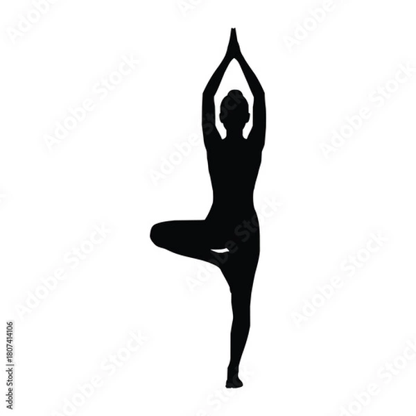 Fototapeta Silhouette of a woman in tree pose, isolated on white background