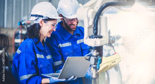 Obraz Engineers mechanic using computer controller Robotic arm for welding steel in steel factory workshop. Industry robot programming software for automated manufacturing technology
