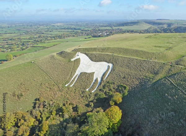 Obraz Aerial view of Bratton Camp iron age fort and Westbury white horse in Wiltshire	