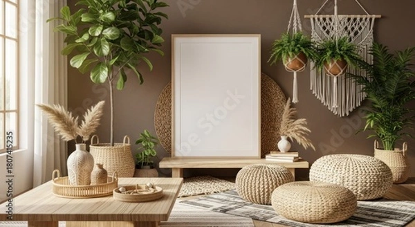 Obraz Bohemian style living room interior with a blank vertical frame mockup.