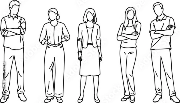 Fototapeta Group of standing business people in clean outline style, professional team illustration showing diverse poses for workplace design and branding, flat vector illustration