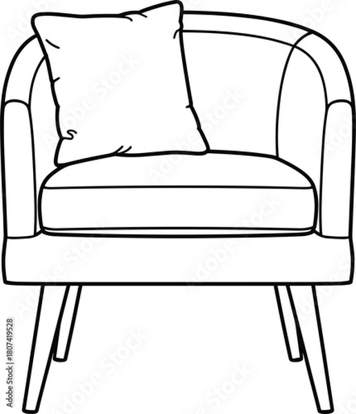 Fototapeta Modern armchair with soft cushion in clean black outline style, comfortable interior seating furniture design for home decor and illustration use, flat vector illustration