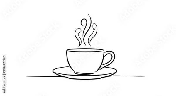 Fototapeta Simple line drawing of a steaming hot cup of coffee on a saucer