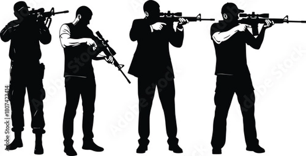 Fototapeta Armed men silhouette set, soldiers and security agents aiming modern assault rifle, tactical military shooting figure vector graphic collection