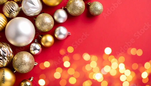 Fototapeta Diseño elegante con bolas y adornos navideños sobre fondo liso rojo para felicitacion y tarjeta de navidad fin de año, año nuevo, con espacio para texto