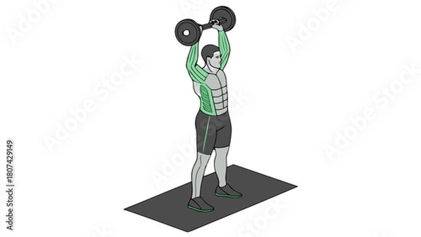 Obraz Triceps Extension (Triceps Focus): "A full-body 3D rendered illustration of a muscular, athletic male figure with realistic human skin texture and well-defined arms, performing an overhead
