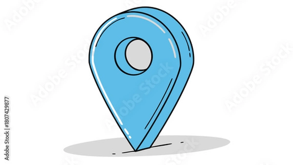 Obraz "A minimalist, high-quality 3D render of a single, shiny bright blue map pin icon. The pin has a classic teardrop shape with a small, circular hole in its center. It has a smooth, glossy surface with 