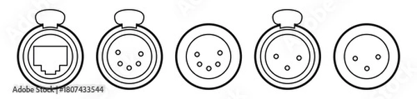 Fototapeta Minimalist line icons of Ethernet and XLR connectors in round housings. Clean black-and-white technical illustration set for lighting, audio, and stage equipment documentation or UI design.
