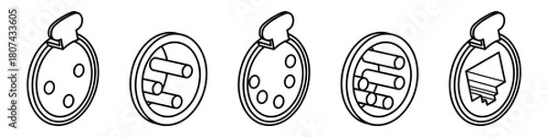 Fototapeta Minimalistic black-and-white line icons of various circular electrical connectors in isometric style. Clean technical symbols suitable for interface design, diagrams, manuals and engineering 