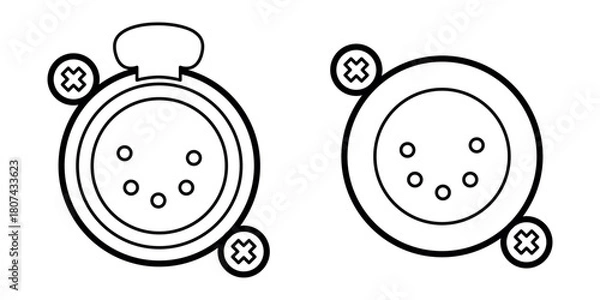 Fototapeta Line-art illustration of 5-pin XLR connectors, showing front views with clean outlines. Technical drawing style suitable for audio equipment manuals, schematics, and professional sound system designs.