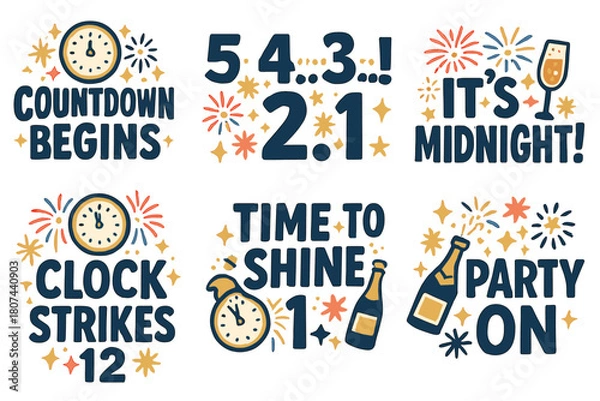 Fototapeta New year celebration flat icon set. featuring countdown, midnight, clock, fireworks, champagne, and party symbols