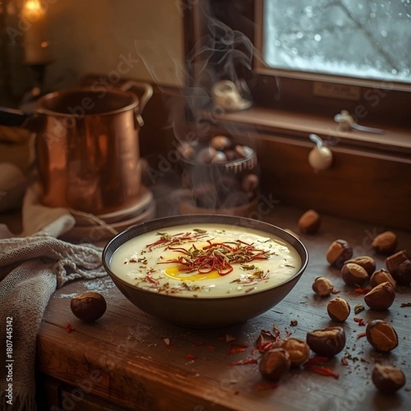 Fototapeta A steaming bowl of chestnut kheer garnished with saffron and nuts, set on a wooden counter with winter light, scattered chestnuts, and warm kitchen ambience.