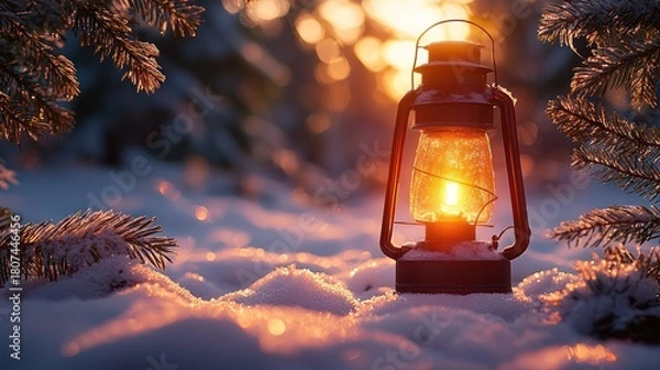 Fototapeta Lantern glowing at sunset in snowy forest; winter warmth, nature scene