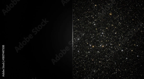 Fototapeta a hyper-detailed 3d render featuring a sharp vertical split between pure matte black copy space and a dense field of shimmering gold and white glittering bokeh, concept of duality and contrast