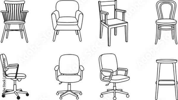 Fototapeta Collection of chairs and stools vector illustration set in outline style