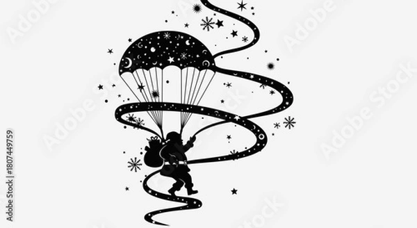 Fototapeta Santa claus skydiving with a decorative parachute and swirling ribbon silhouette