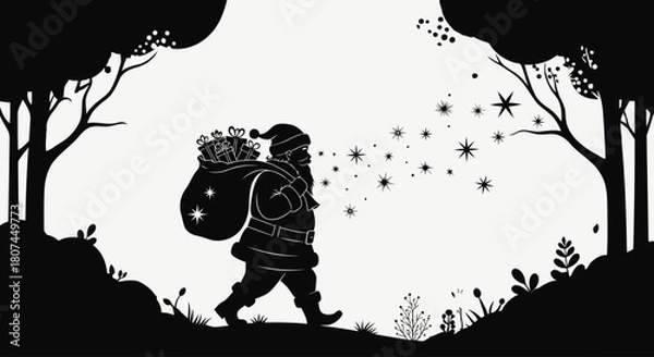 Fototapeta Santa claus walking through a dark forest with a sack of gifts silhouette