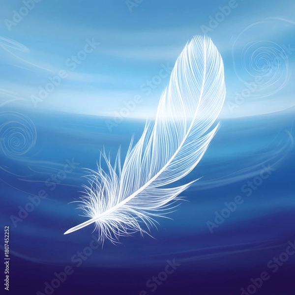 Fototapeta White feather floating in blue dreamy background peaceful ethereal artistic art