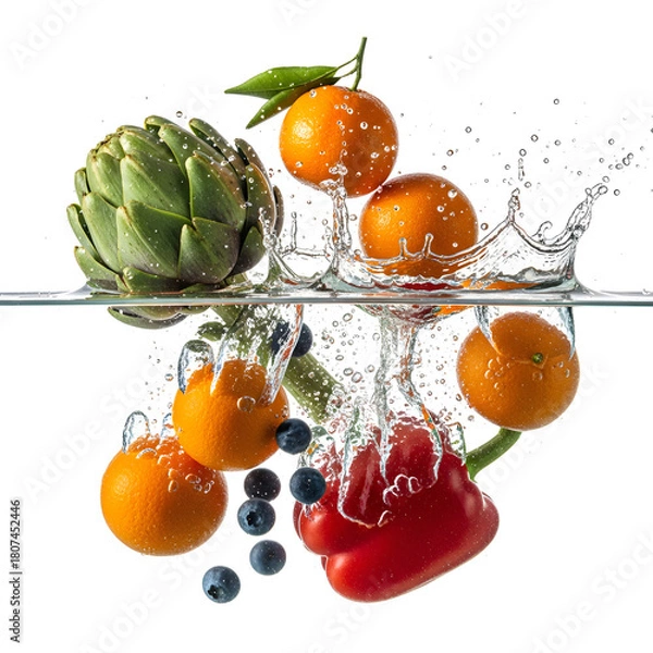 Fototapeta Oranges and blueberries falling into water with splash fruit healthy food isolated