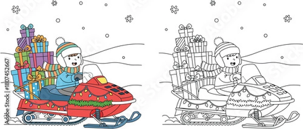 Fototapeta Christmas coloring page of a cute boy driving a red snowmobile filled with gifts. Vector illustration of winter holiday delivery concept with color and outline versions for kids.